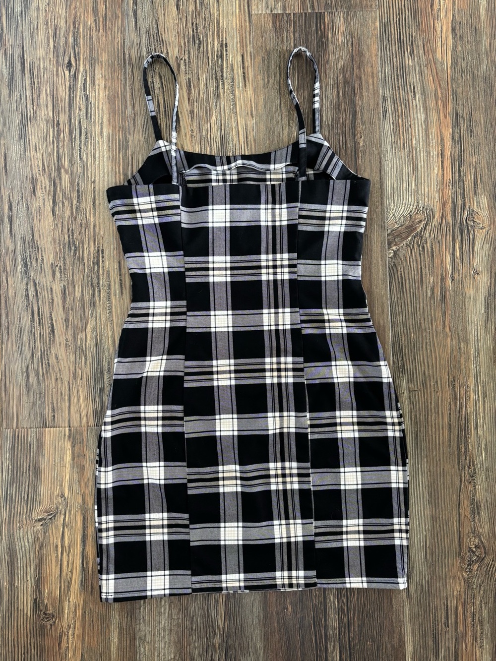 Divided H&M Bodycon Fitted Mini Dress Small Black White Tan Plaid Sleeveless - Picture 2 of 9